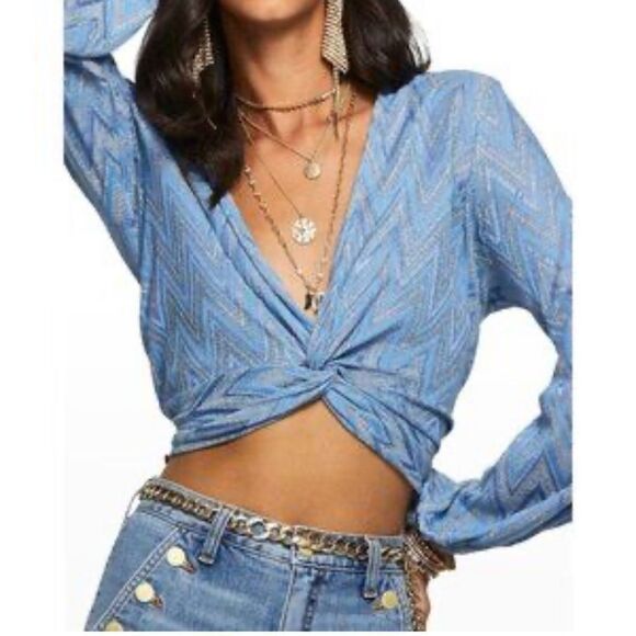 NWT Ramy Brook Chevron Dakota Twist-Front Crop Top Ocean Blue Medium - Picture 7 of 14